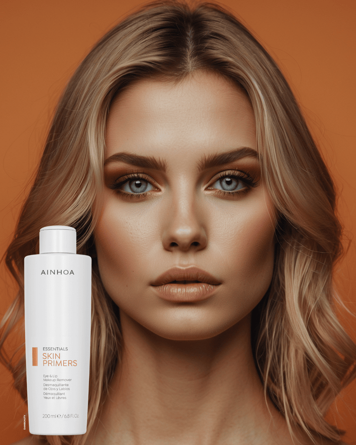 Et kvindeansigt sammen med hudplejeproduktet Ainhoa Skin Primers Makeupfjerner: Oliefri og vegansk, ideel til professionel brug. Velegnet til sensitiv hud og eyelash extensions.