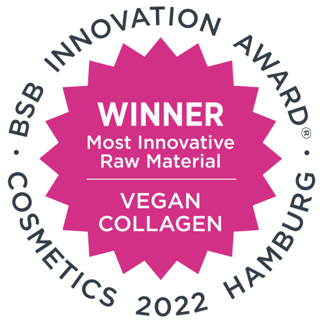 Billedet viser prisvinder mærkat for Ainhoa Vegan Collagen+ Hudplejeseriens Collagen Ingrediens - Det Prisvindende Kraftigt Opstrammende Anti-Age Ingrediens