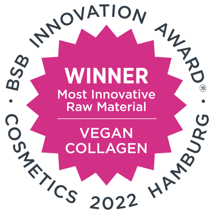 Billedet viser prisvinder mærkat for Ainhoa Vegan Collagen+ Hudplejeseriens Collagen Ingrediens - Det Prisvindende Kraftigt Opstrammende Anti-Age Ingrediens