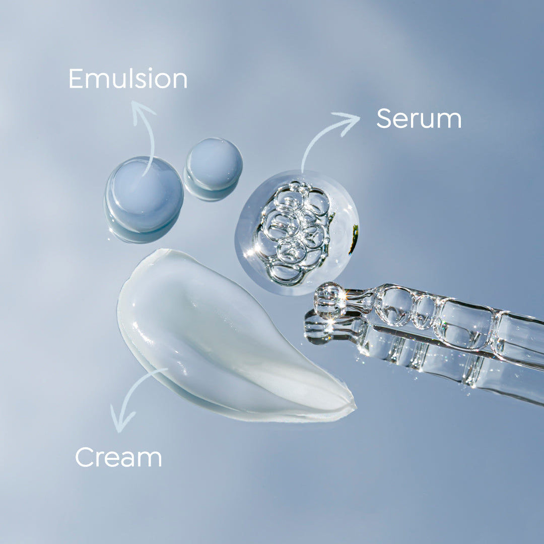 Billedet viser forskellen på emulsion, serum og creme fra den veganske hi-luronic serie.