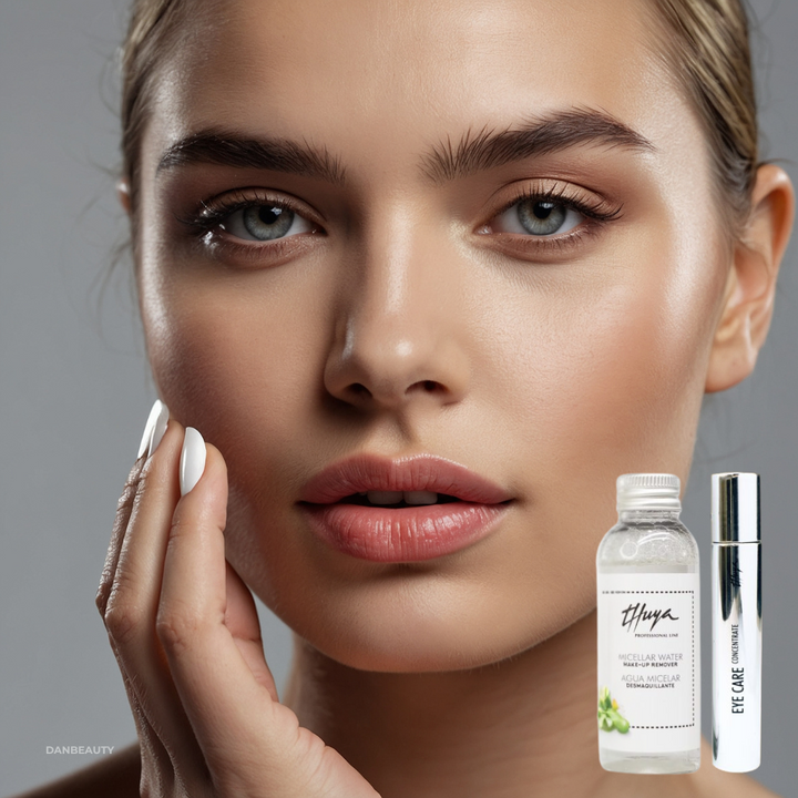 Flot model afbildet med KIT EYE CARE ✨: Vegansk gavesæt for strålende øjne.