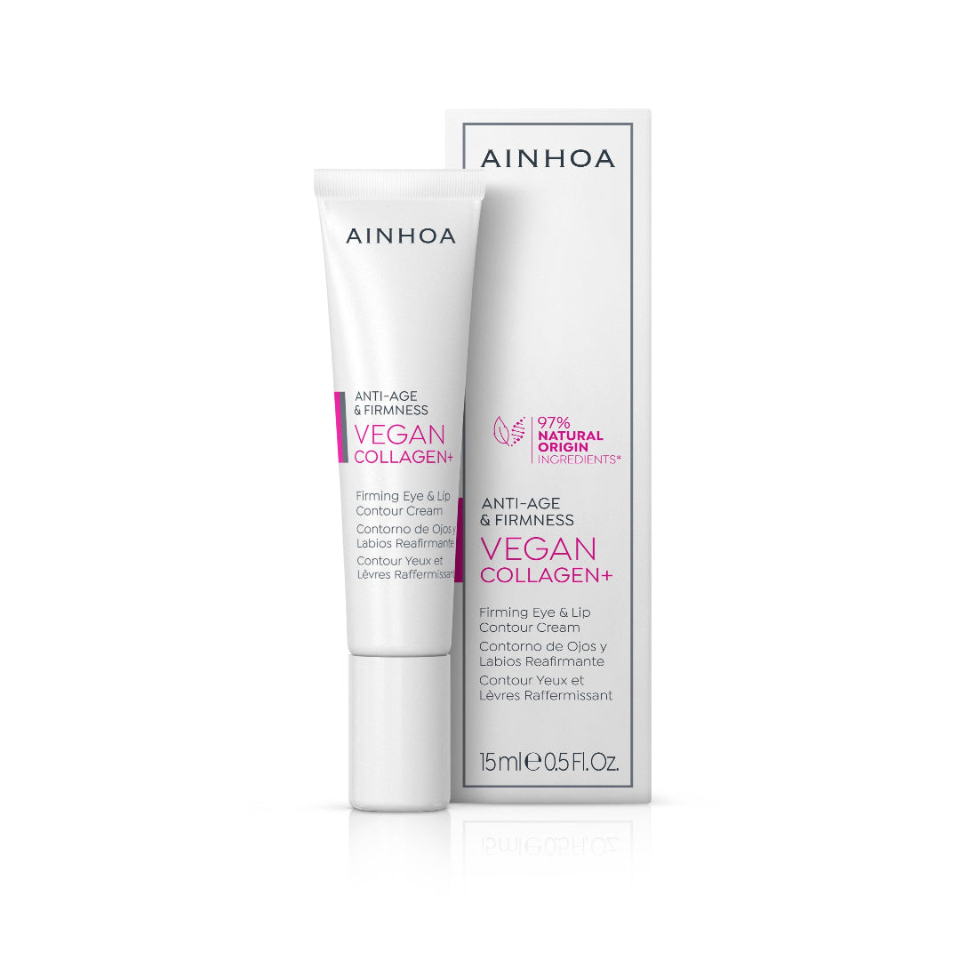 Billedet viser emballage og Vegan Collagen+ Eye Cream: Opstrammende vegansk øjencreme med kollagen, biopolymerer og anti-fatigue complex. Forbedrer elasticitet og hydrering.