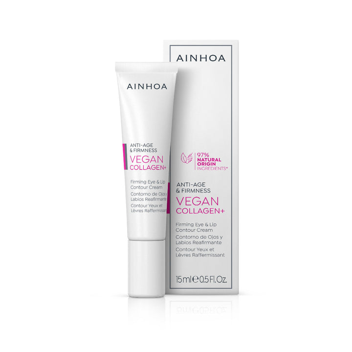 Billedet viser emballage og Vegan Collagen+ Eye Cream: Opstrammende vegansk øjencreme med kollagen, biopolymerer og anti-fatigue complex. Forbedrer elasticitet og hydrering.