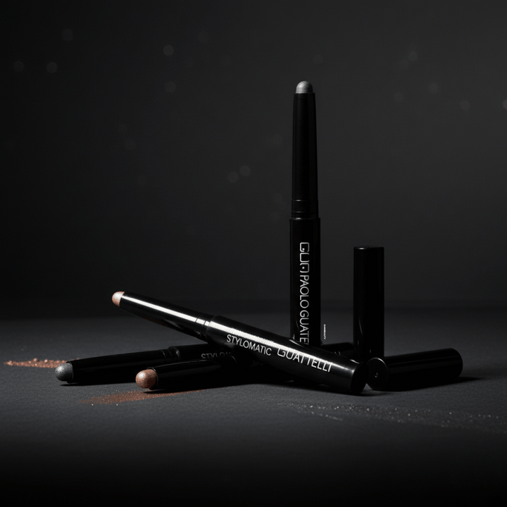 Dette stemningsbillede viser flere Paolo Guatelli Stylomatic Eyeshadow sticks arrangeret kunstfærdigt på en mørk baggrund. I forgrunden ligger en sort eyeshadow stick diagonalt med teksten "STYLOMATIC EYESHADOW" tydeligt synlig. Bag denne står to sorte sticks oprejst. Til venstre er der en antydning af toppen af en anden stick, og spredt ud omkring dem ses et fint lag af løs øjenskygge i matchende nuancer – en varm kobberfarve og en kølig grå/sølvfarve, hvilket antyder de forskellige farvemuligheder i kolle