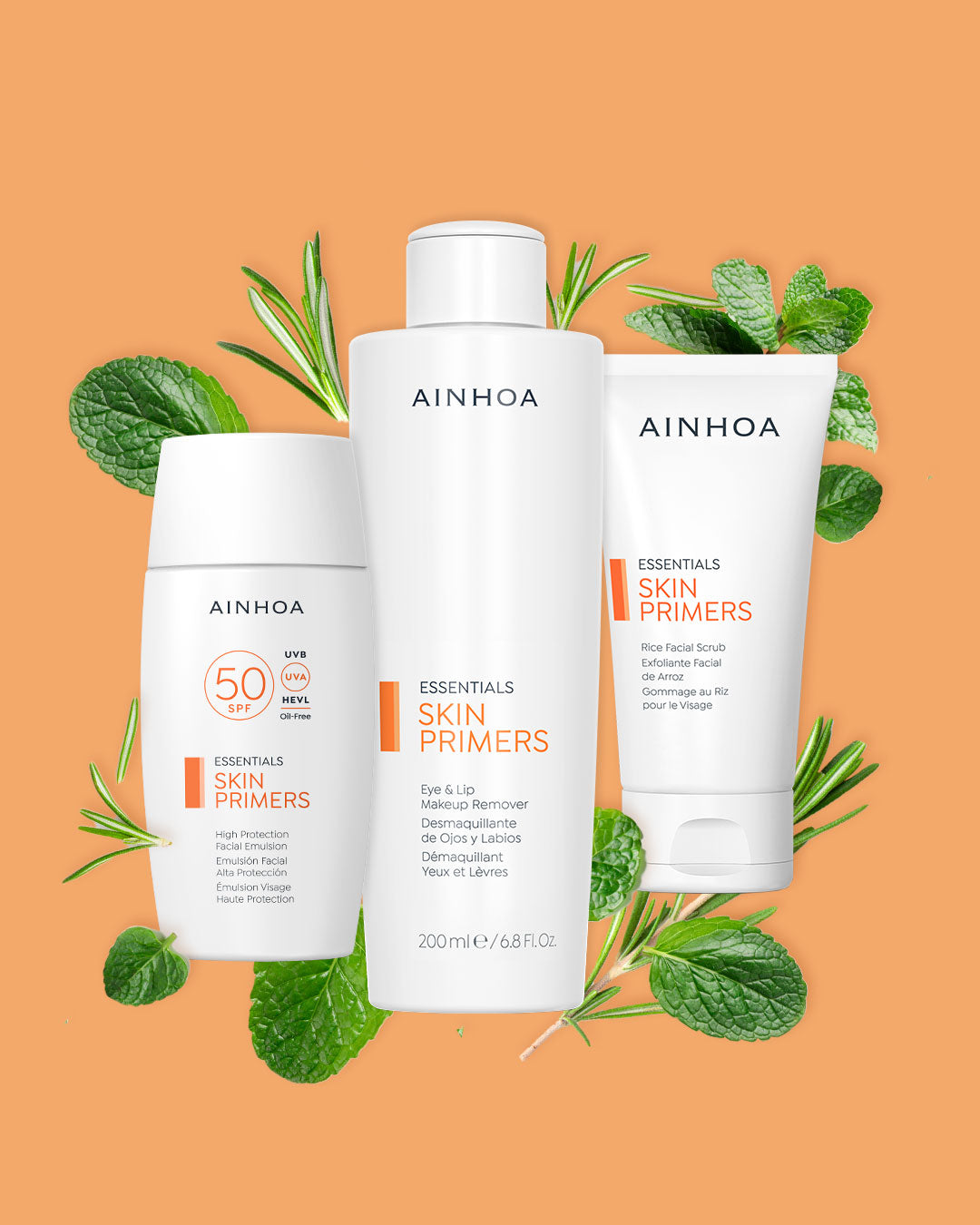 Billedet viser Skin Primers renseprodukter, herunder Ainhoa Eye & Lip Makeup Remover: Vegansk makeupfjerner med kamilleolie og bisabolol. Beroliger og fugter øjne og læber.