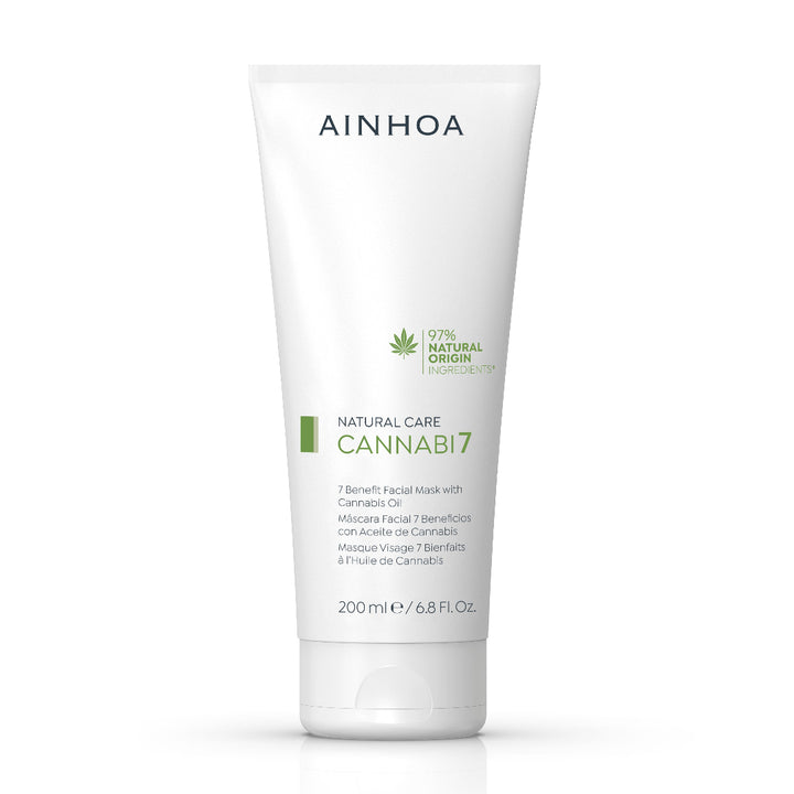 Billedet viser det plantebaserede veganske hudplejeprodukt CANNABI7 - 7 BENEFIT FACIAL MASK WITH CANNABIS OIL fra Ainhoa Brand i 200 ml.