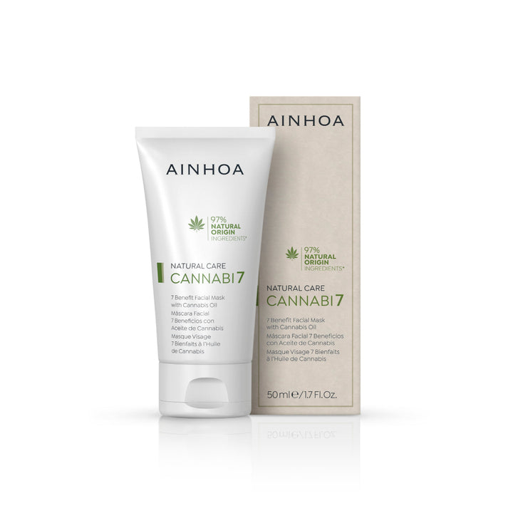 billedet viser den veganske dag- og natcreme fra Ainhoa som hedder CANNABI7 - 7 BENEFIT FACIAL MASK WITH CANNABIS OIL sammen med sin æske