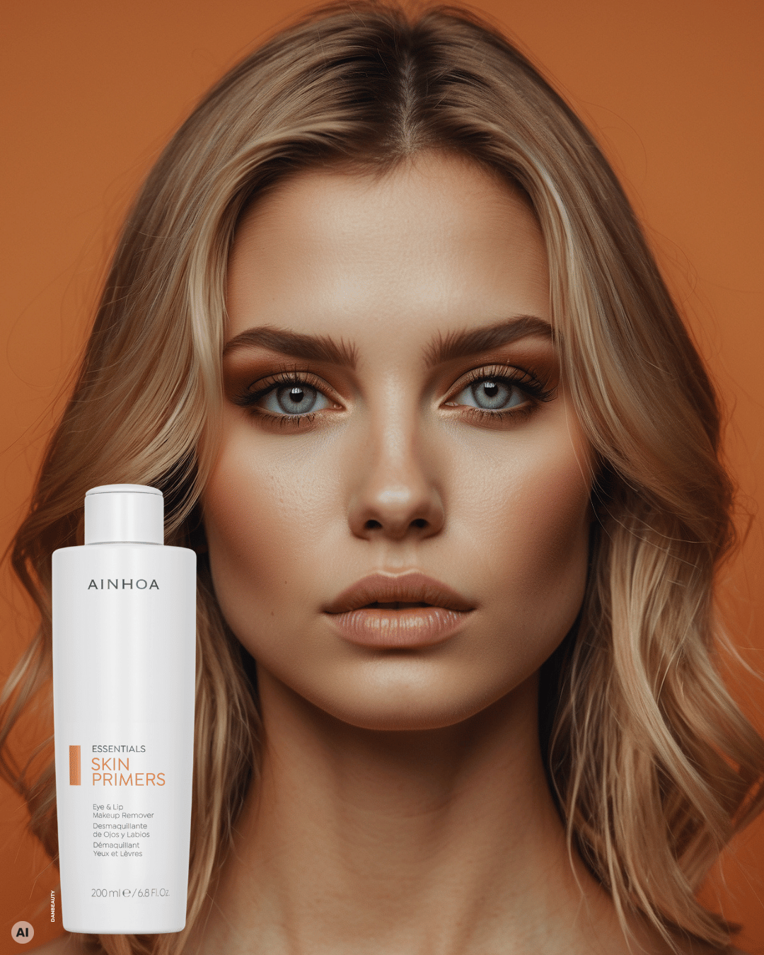 Et kvindeansigt sammen med hudplejeproduktet Ainhoa Skin Primers Makeupfjerner: Oliefri og vegansk, ideel til professionel brug. Velegnet til sensitiv hud og eyelash extensions.
