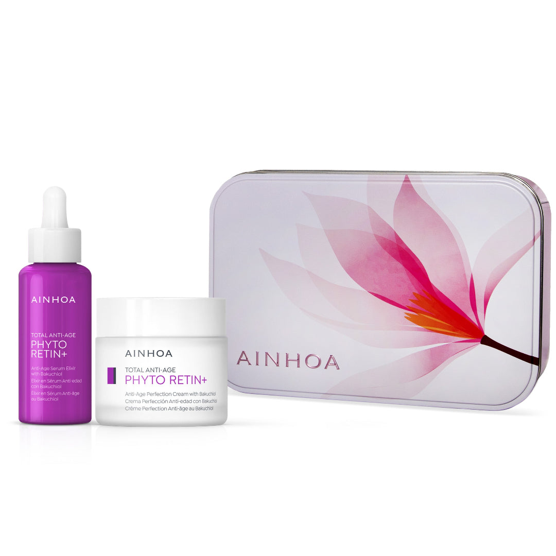 Eksklusiv vegansk gaveæske med Ainhoa Phyto Retin+ Anti-Age Perfection Cream og Anti-Age Serum Elixir. Bekæmper rynker, opstrammer og revitaliserer.