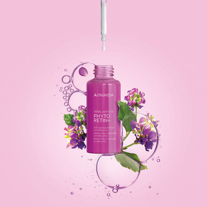 Billedet viser Bakuchiol planten. sammen med Ainhoa Phyto Retin+ Serum Elixir: Let, vegansk serum for hudforyngelse. Reducerer rynker, opstrammer og giver glød. Med plantebaseret retinol.