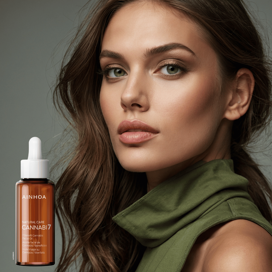 I forgrunden vises hudplejeproduktet AINHOA CANNABI7 - 7 Benefit Cannabis Ansigtsolie, som er et revolutionerende vegansk og naturligt hudplejeprodukt med Cannabisolie. I baggrunden ses et kvindeansigt.