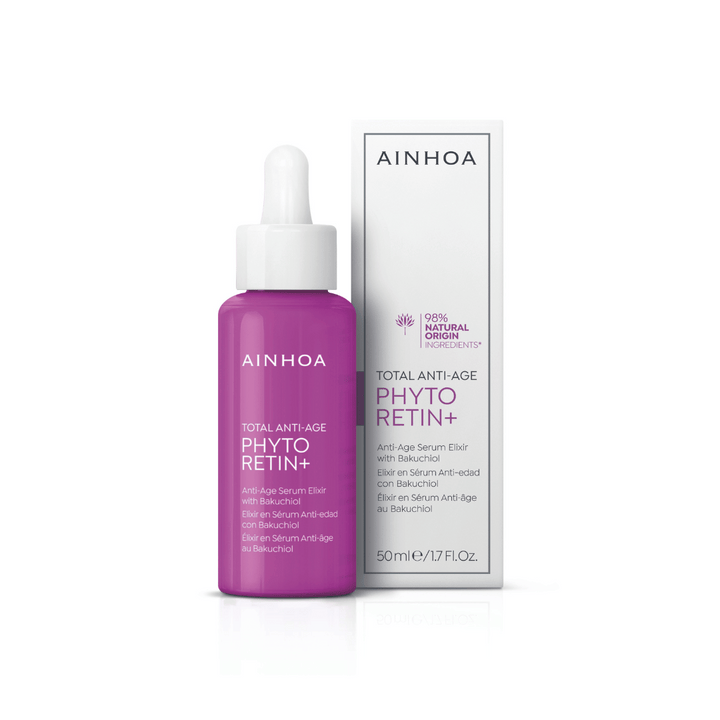 Billedet viser Anti-Age Serum Elixir - Phyto Retin+ med Bakuchiol & Baobab. serum er udstillet sammen med emballagen