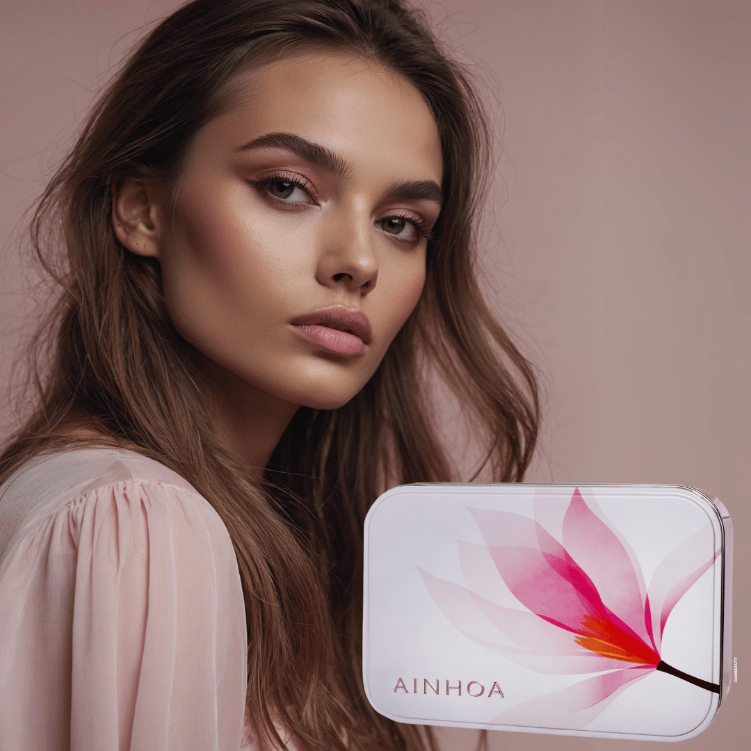 Kvindeansigt og Ainhoa Phyto Retin+: Elegant og luksuriøs metalæske med stærkt opstrammende Anti-Age creme og serum. Ideel gave til behandling af linjer, rynker og pigmentforstyrrelser.