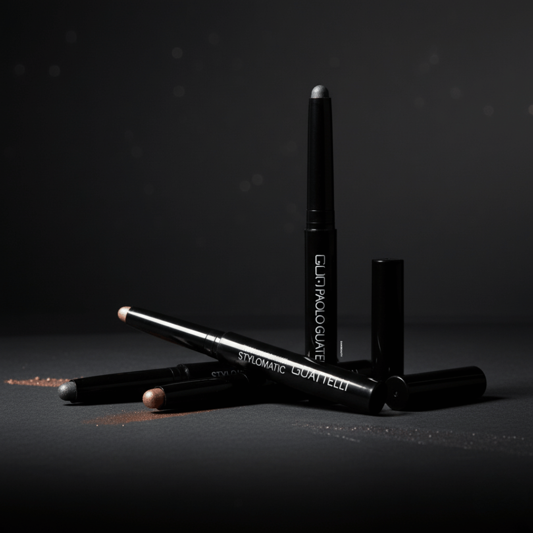 Dette stemningsbillede viser flere Paolo Guatelli Stylomatic Eyeshadow sticks arrangeret kunstfærdigt på en mørk baggrund. I forgrunden ligger en sort eyeshadow stick diagonalt med teksten "STYLOMATIC EYESHADOW" tydeligt synlig. Bag denne står to sorte sticks oprejst. Til venstre er der en antydning af toppen af en anden stick, og spredt ud omkring dem ses et fint lag af løs øjenskygge i matchende nuancer – en varm kobberfarve og en kølig grå/sølvfarve, hvilket antyder de forskellige farvemuligheder i kolle