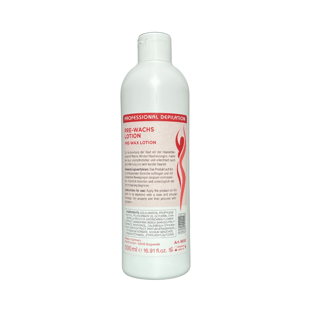 Billedet viser hårfjerningsproduktet Pre-Wax Lotion, som er en Professionel Forberedelses lotion til Hårfjerning med Voks