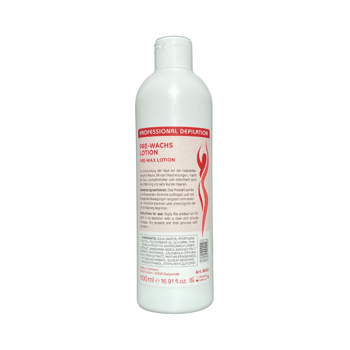 Billedet viser hårfjerningsproduktet Pre-Wax Lotion, som er en Professionel Forberedelses lotion til Hårfjerning med Voks