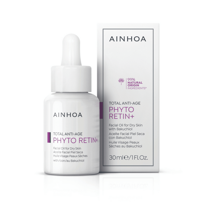 Ainhoa Retin+ Facial Oil: Vegansk olie med bakuchiol, baobab, mandel og abrikos. Forbedrer elasticitet og hudens udseende. Ikke-fedtende.