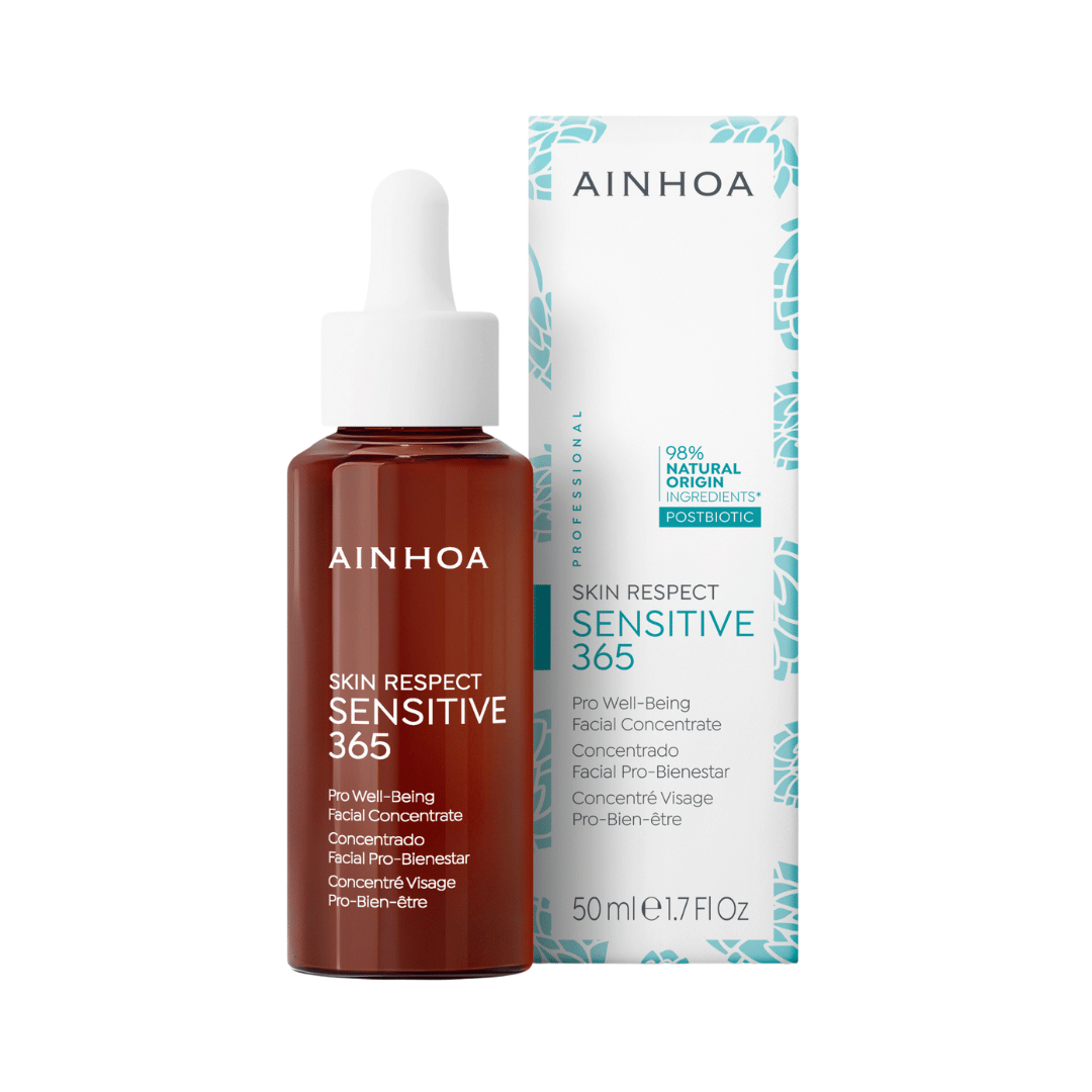 billedet viser Pro Well-Being Facial Concentrate sammen med sin fine æske. Det veganske serum koncentrat er for dybdegående beroligelse af reaktiv, stresset hud og rosacea. Vegansk klinikvarer.