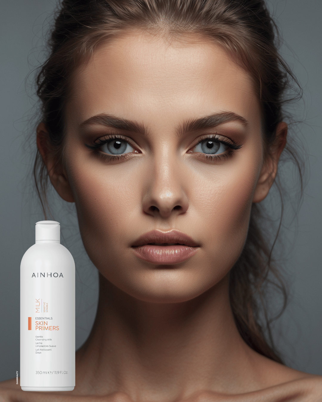 Ansigtet af et kvindeansigt og en AINHOA SKIN PRIMERS - GENTLE CLEANSING MILK. Vegansk plantebaseret rensemælk for sart hud.