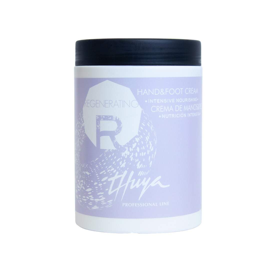 Billedet viser en 950 ml. Thuya REGENERATING HAND and FOOT CREAM som er en klinikstørrelse