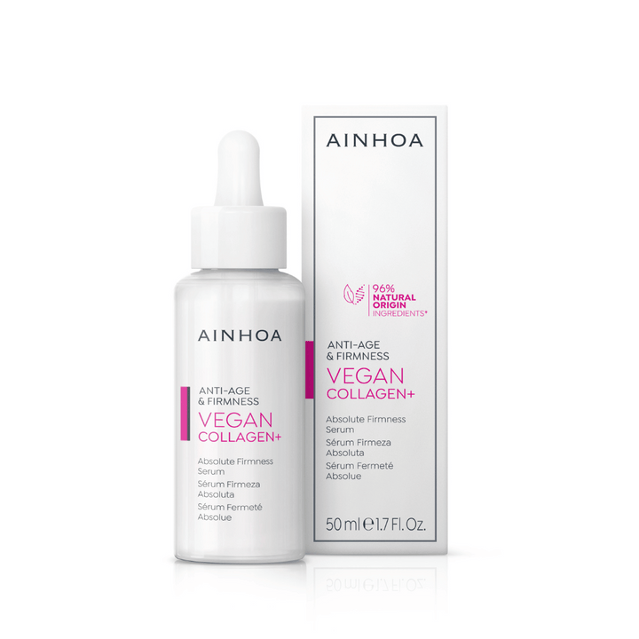 Billedet viser emballagen og Vegan Collagen+ Serum: Vegansk serum med kollagenpeptid, alaria esculenta og bio-sakkarider. Hydrerer, udglatter og forynger.