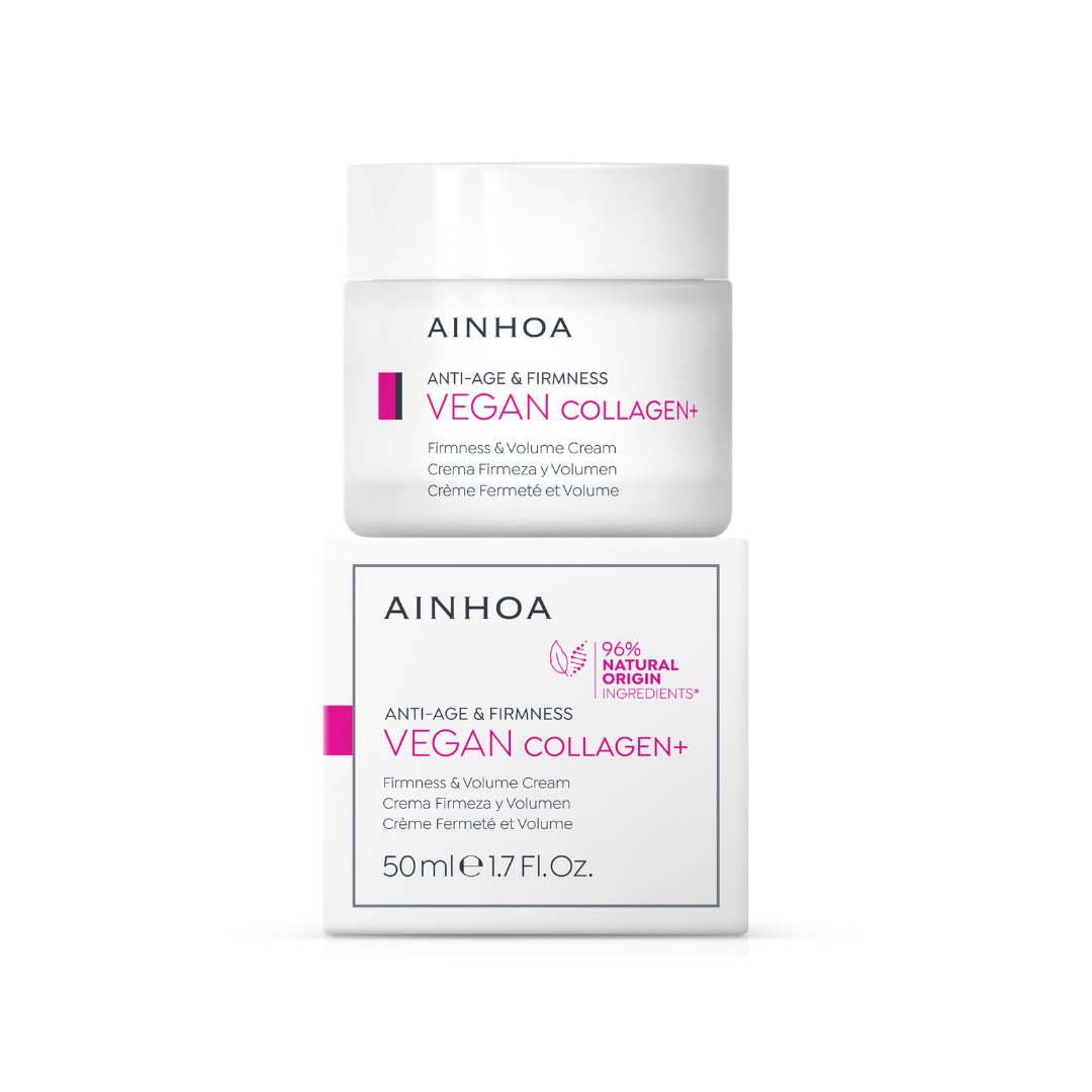 Billedet viser emballage og anti-age hudplejeproduktet Ainhoa Vegan Collagen+ Cream: Kraftig collagen booster med vegansk peptid, alaria esculenta og lipidmatrix. Hydrerer, styrker hudbarriere og giver glød. 
