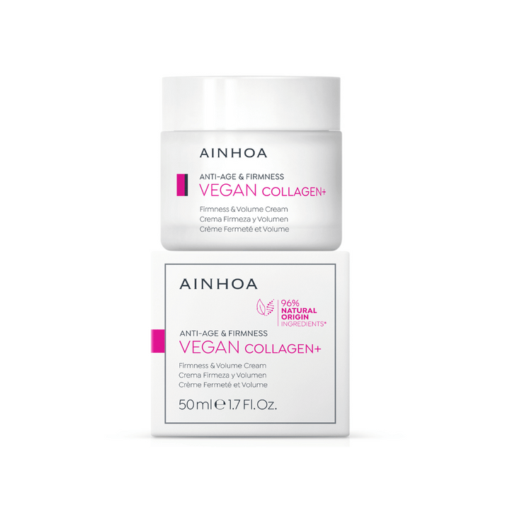 Billedet viser emballage og anti-age hudplejeproduktet Ainhoa Vegan Collagen+ Cream: Kraftig collagen booster med vegansk peptid, alaria esculenta og lipidmatrix. Hydrerer, styrker hudbarriere og giver glød. 