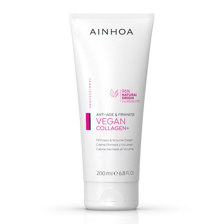 Billedet viser en 200 ml Ainhoa Vegan Collagen+ Firmness og Volume Cream: Vegansk kraftigvirkende ansigtscreme til professionel anti-age behandling og daglig pleje. Dokumenteret opstrammende effekt.