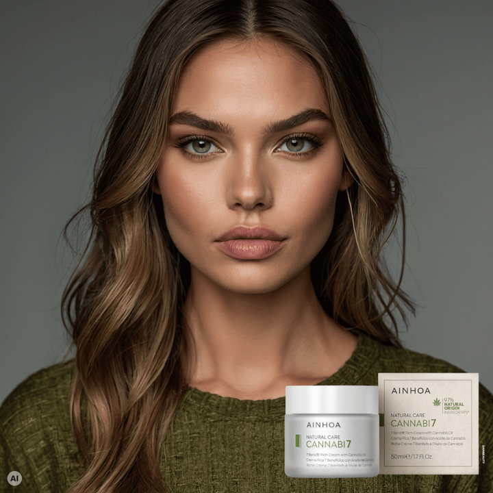 billedet viser den veganske plantebaserede CANNABI7 - 7 BENEFIT RICH CREAM WITH CANNABIS OIL i sin fine hvide glaskrukke sammen med sin æske i pap fra forvaltede skove og i baggrunden ses et smukt kvindeansigt i grønt tøj der matcher hudplejeseriens grønne farve