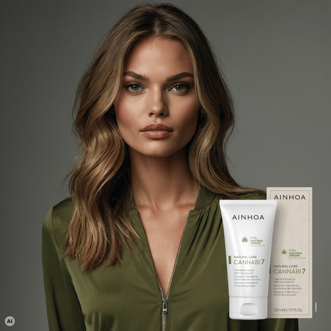 Billedet viser i forgrunden hudplejeproduktet CANNABI7 - 7 BENEFIT EMULSION WITH CANNABIS OIL i sin fine tube sammen med sin fine papæske produceret med pap fra forvaltede skove. Hudplejeproduktet er til en dagcreme med cannabis olie til normal til kombineret hud. I baggrunden ses en kvinde i grønt tøj der matcher hudplejeseriens grønne farve.
