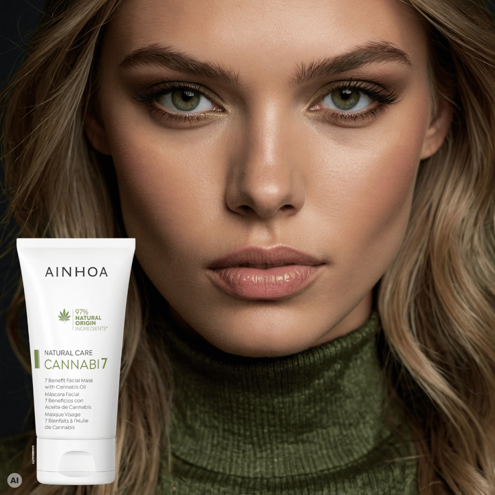 Billedet viser en et smukt kvindeansigt i baggrunden og i forgrunden ses det veganske hudplejeprodukt CANNABI7 - 7 BENEFIT FACIAL MASK WITH CANNABIS OIL fra Ainhoa Brand