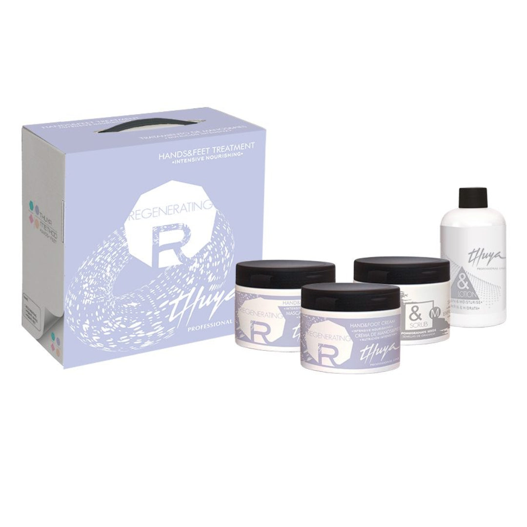 Billedet viser Complete Regenerating Kit fra Thuya brand. Vegansk produkt kit til behandling af tør og skadet hud.